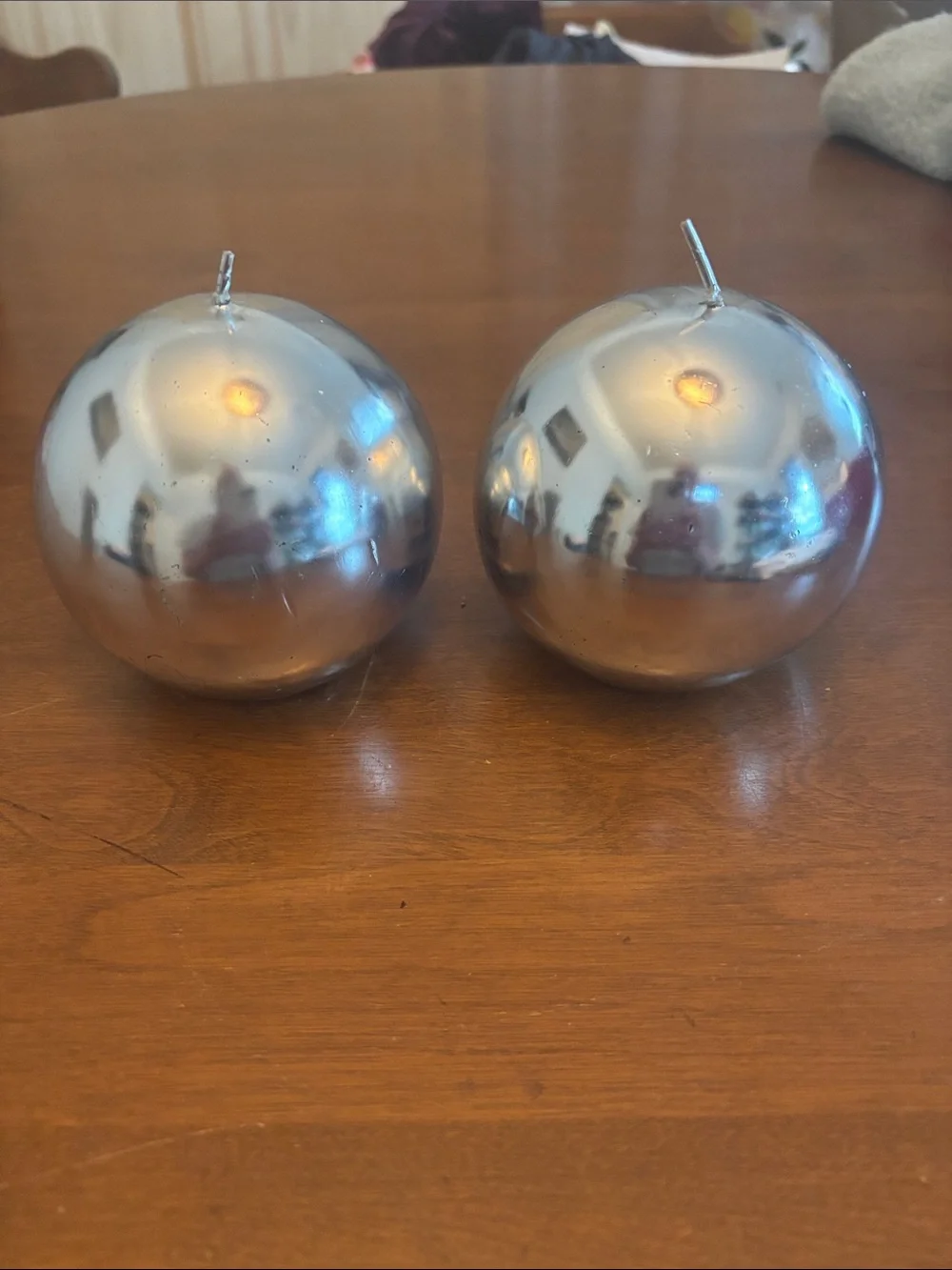 Set of 2 Metallic Silver Ball Candles Unscented Shiny Chrome Sphere 3